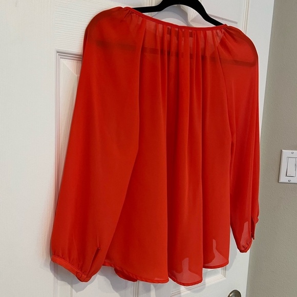 OVI Women’s Flowy Orange Blouse with Sleeves and Tie Neck - Size Medium - Picture 11 of 14